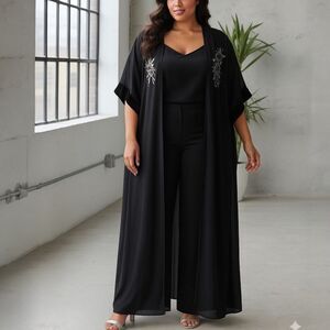 Torrid Georgette Semi Sheer Embroidered Black Velvet Trim Long Kimono 1X/2X